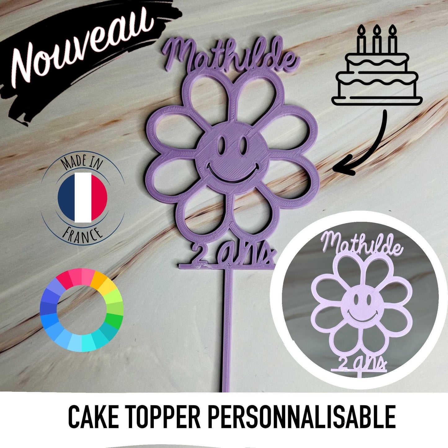 Toper personnalisable sur mesure pour gâteau d’anniversaire en forme de fleur qui sourit décoration anniversaire fille