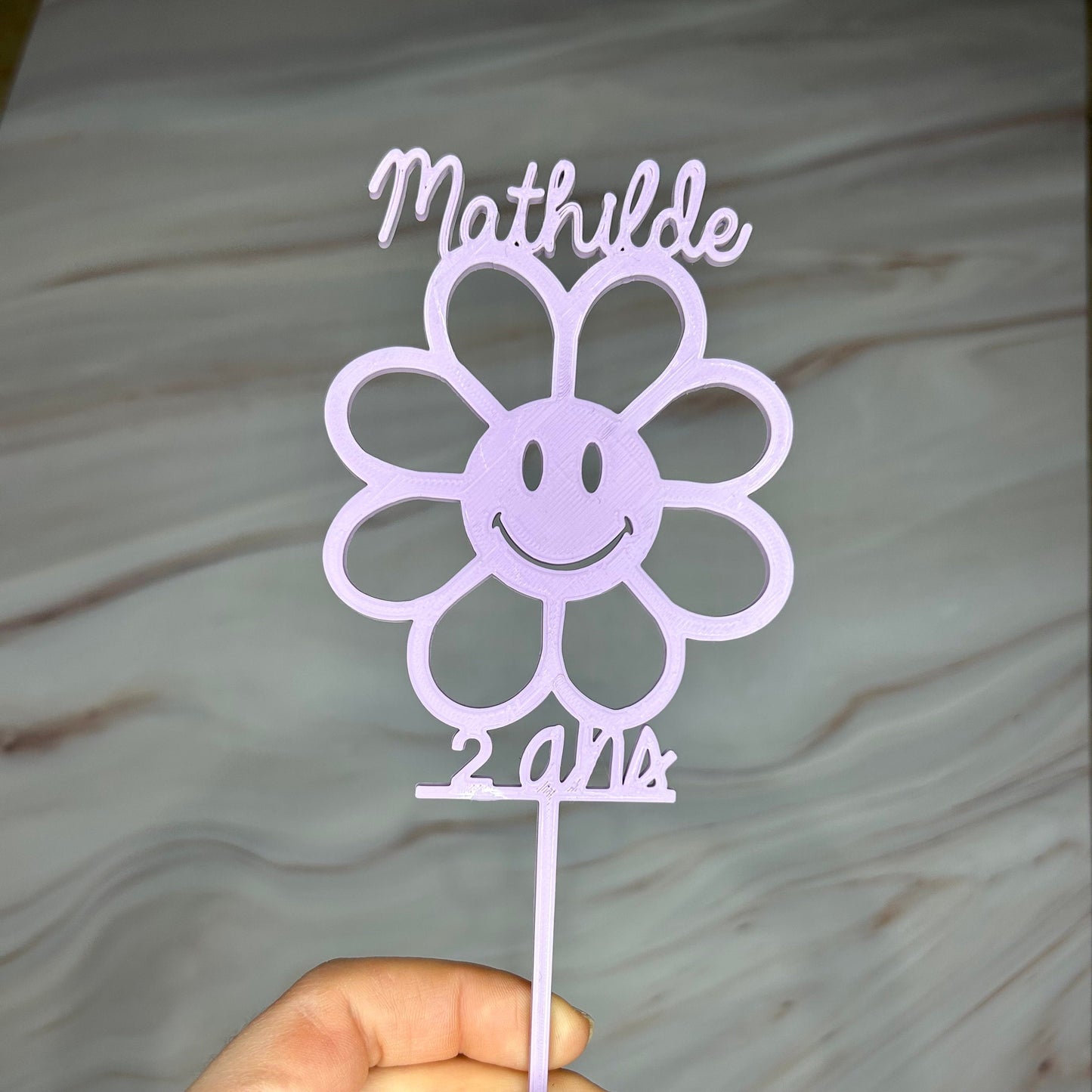 Toper personnalisable sur mesure pour gâteau d’anniversaire en forme de fleur qui sourit décoration anniversaire fille