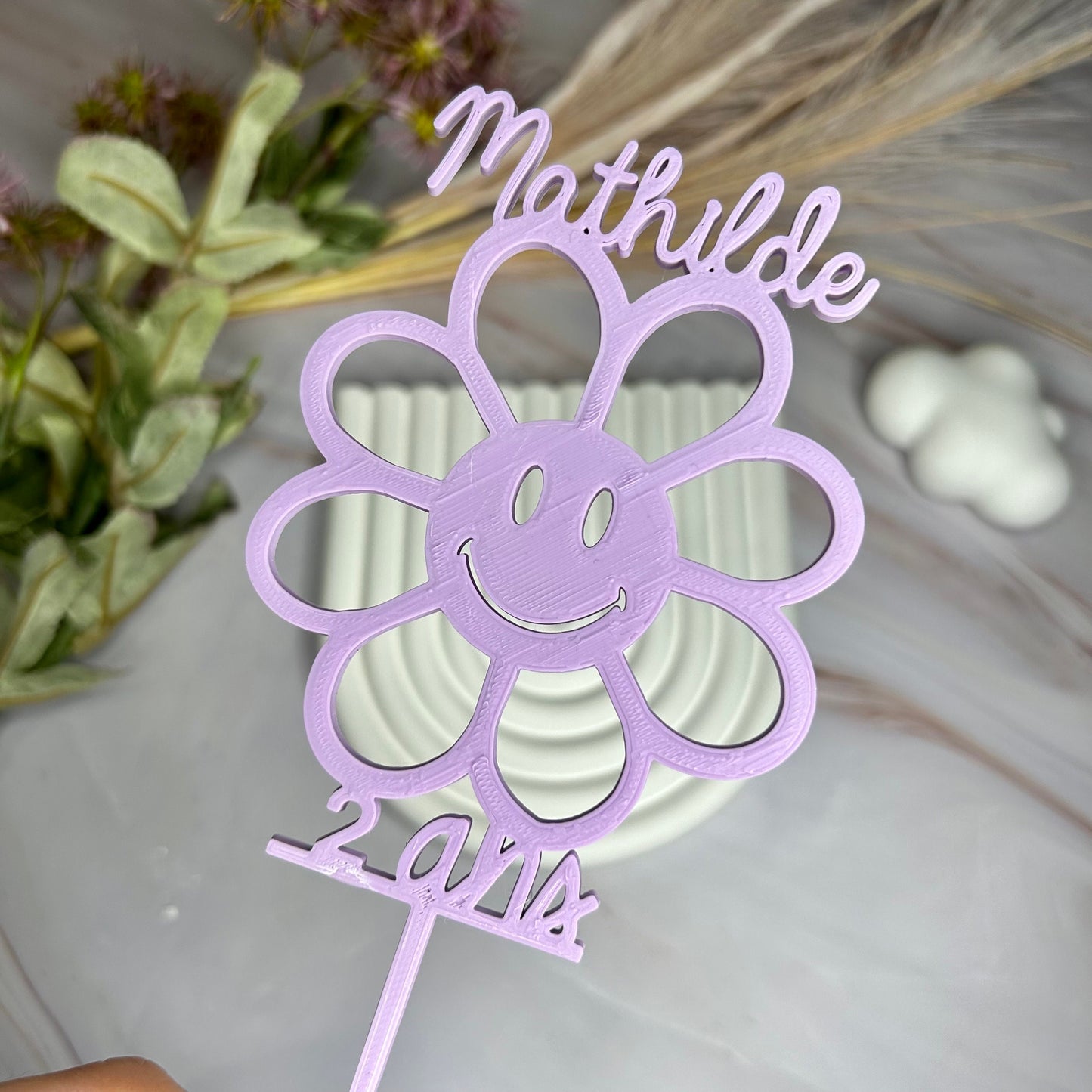 Toper personnalisable sur mesure pour gâteau d’anniversaire en forme de fleur qui sourit décoration anniversaire fille