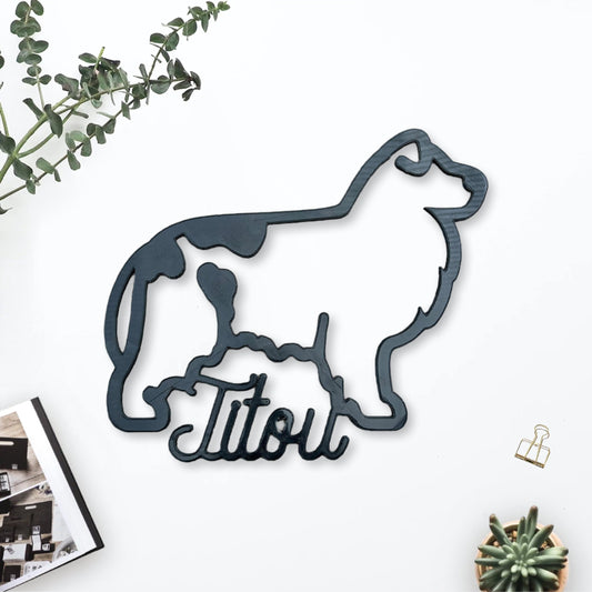 Décoration chien berger australien avec prénom, hommage pour votre chien, prénom à accrocher, silhouette chien berger personnalisé